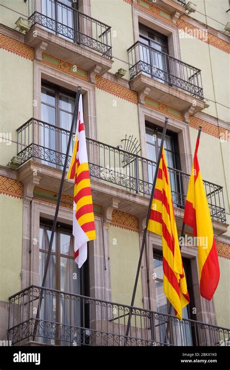 Catalonian Flags In The Gothic Quarter City Of Barcelona Spain Stock