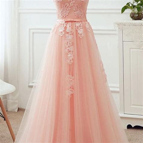 Simple Pink Sleeveless Prom Dressapplique Round Neck Lace Up