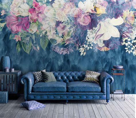 Dark Blue Floral Wallpaper Mural Flower Wall Art Botanical Etsy