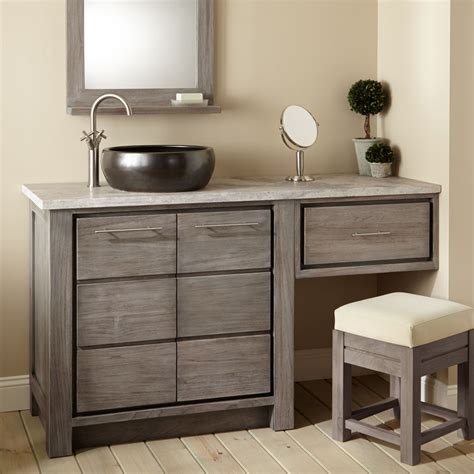 Construction is made of wood and fitted with glass top. 60" Venica Teak Vessel Sink Vanity with Makeup Area - Gray ...