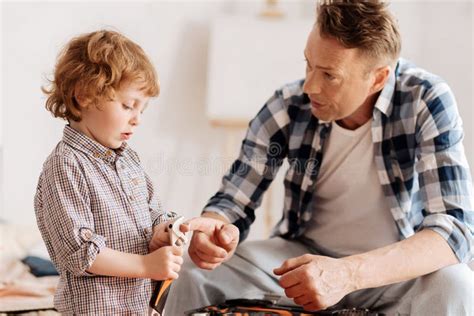 Serious Man Talking To His Little Son Stock Photo Image Of Childhood