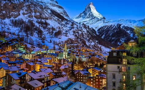 Swiss alps (3899 m), 2. nature, Landscape, Evening, Lights, House, Town, Church, Switzerland, Matterhorn, Snow, Winter ...