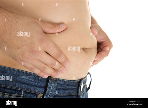 Man Touching His Fat Belly On White Background Stock Photo Alamy