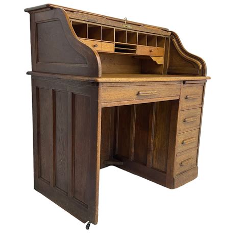 Early 20th Century Oak Roll Top Desk The Tambour Enclosing Pigeon