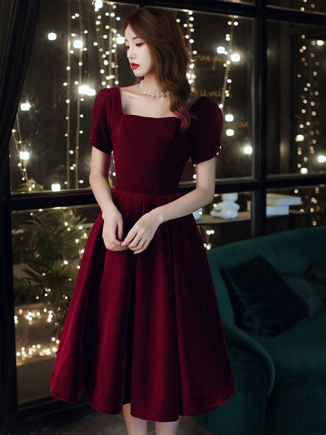 Wine Red Velvet Tea Length Short Sleeves Party Wine Colored Dresses
