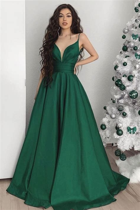Elegant V Neck Emerald Green Satin Long Prom Dress V Neck Green Formal