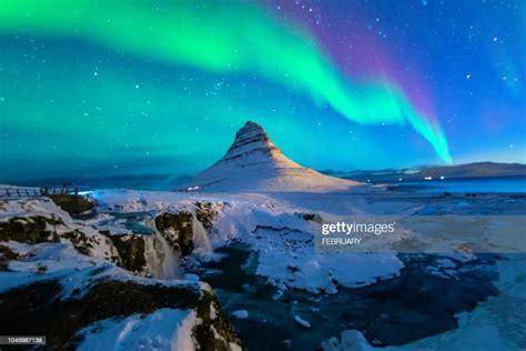 Northern Lights At Mount Kirkjufell Iceland High Res Stock Photo