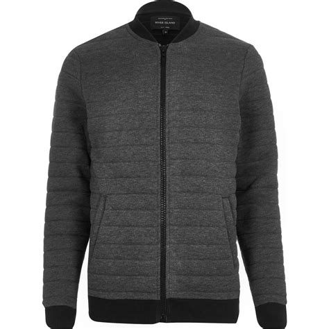 River Island Cotton Dark Grey Quilted Bomber Jacket In Gray For Men Lyst