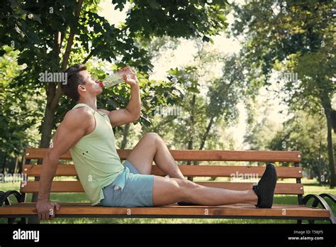 Drink Water Concept Sportsman Drink Water On Bench Young Man Drink