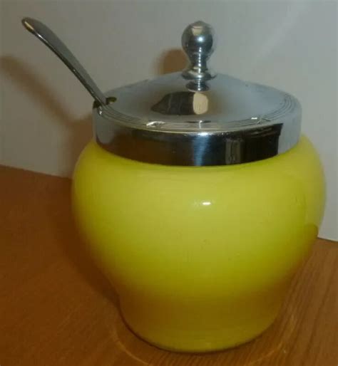Vintage Yellow Cased White Glass Preservejam Pot Epns Lid And Spoon B