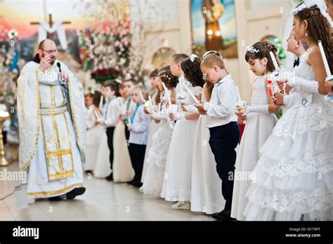 Lviv Ukraine May 8 2016 Priest At Ceremony Of A First Communion