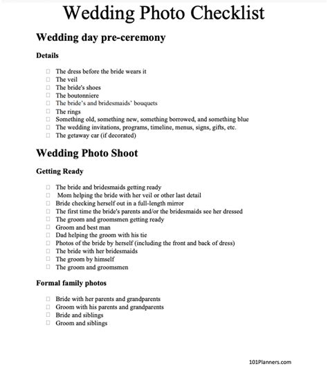 Wedding Photo Checklist 2023 Free Template