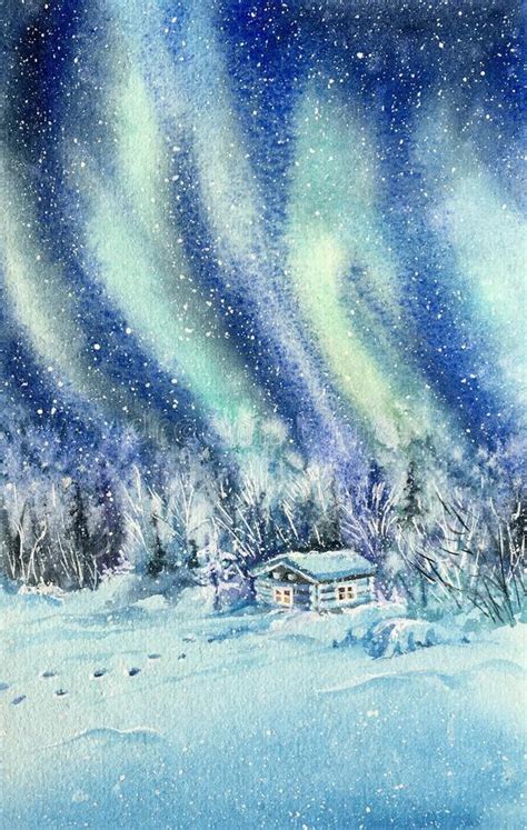 Watercolor Norway View Of The Beautiful Winter Landscape Aurora