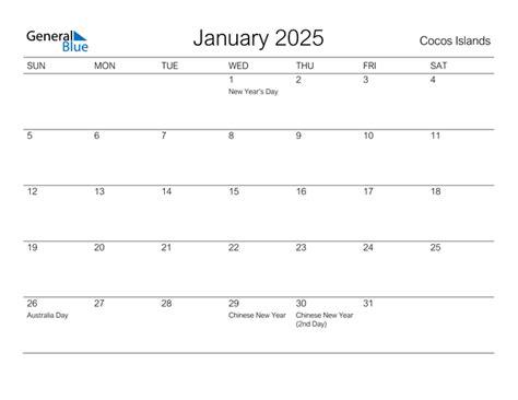 Cocos Islands January 2025 Calendar With Holidays