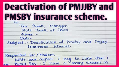 Application To The Bank Manager For Deactivation Pmjjby And Pmsby