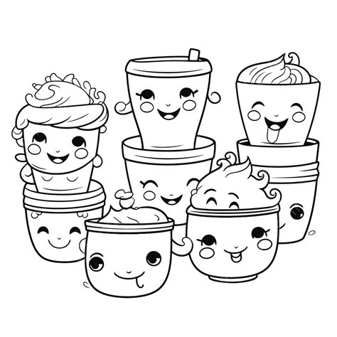 Desenho De Kawaii Latte Drinks Páginas Para Colorir Esboço Vetor Png