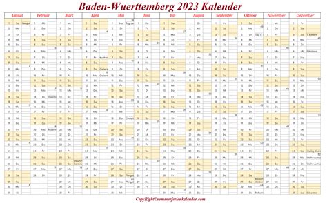Baden Wuerttemberg 2023 Kalender Sommerferien Kalender