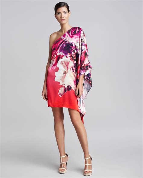 Roberto Cavalli One Shoulder Draped Floral Dress In Red Lyst