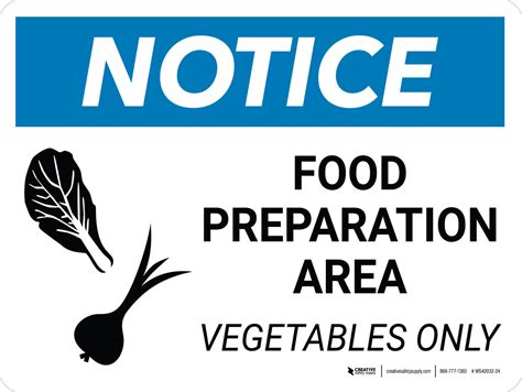 Notice Food Prep Area Vegetables Only Landscape With Icon Wall Sign