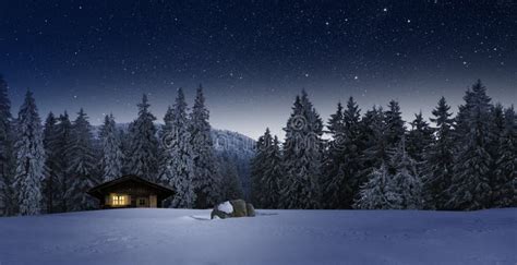 Cozy Cottage In Wintertime At Night Stock Image Image Of Nature Snow