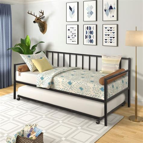 Upholstered twin daybed with trundle, that provides sleeping space etc. Harper & Bright Designs Black Twin Size Metal Daybed with ...