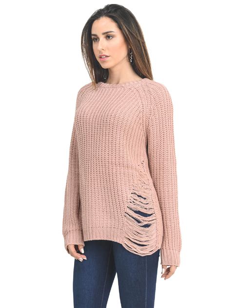 Made By Olivia Made By Olivia Women S Distressed Long Sleeve Knitted