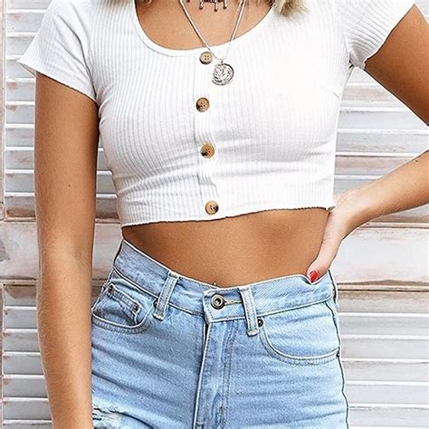 eifer white crop top sexy female t shirt short sleeve buttons 2018 autumn knitted t shirt women