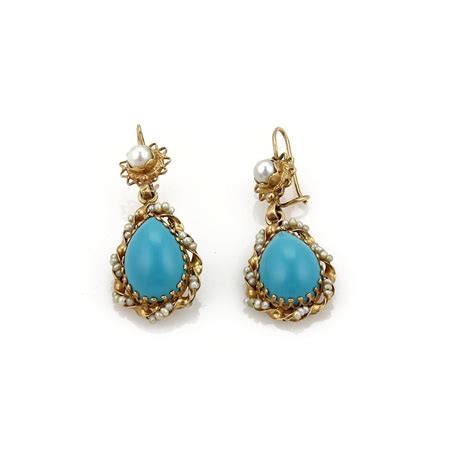 Vintage Turquoise And Pearl 18k Gold Earrings 18k Gold Earrings