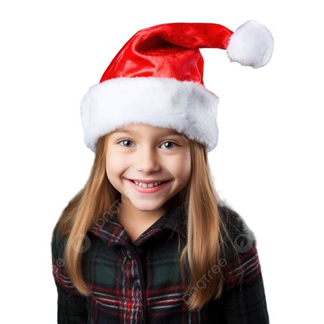 Cheerful Smiling Girl In Santa Claus Cap With Christmas Writings On A