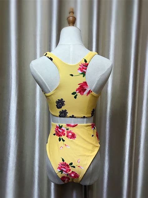 Yellow Floral Print Front Knot High Waist Bikini High Waisted Bikini