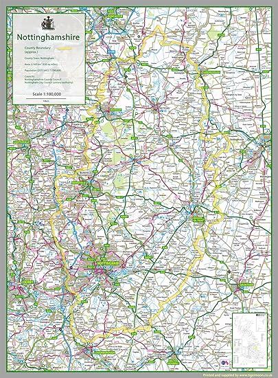 Nottinghamshire Uk County Map Paper Laminated 70 X 95 Cm