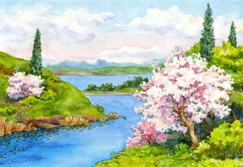 Watercolor Spring Landscape Watercolor Spring Landscape — Stock Photo