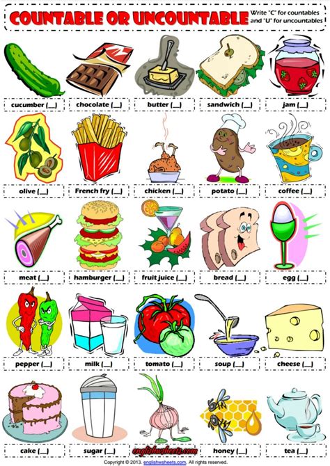 Countable Or Uncountable Nouns Esl Exercises Worksheet การศึกษา