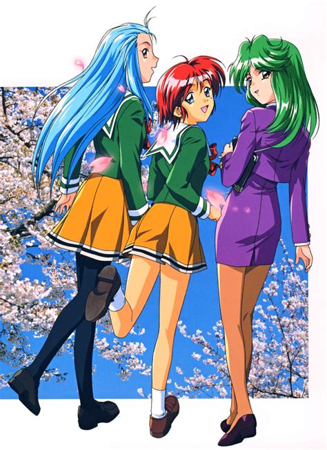 Safebooru 3girls Absurdres Asou Kasumi Blue Eyes Blue Hair Cherry Blossoms Green Hair Highres