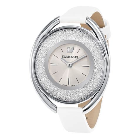 Buy Swarovski Crystalline Oval Leather Strap Watch White And Silver Online