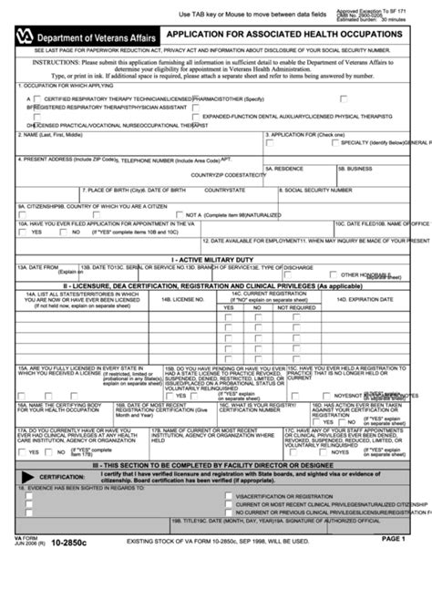Fillable Va Form 10 2850c Application For Associated Health