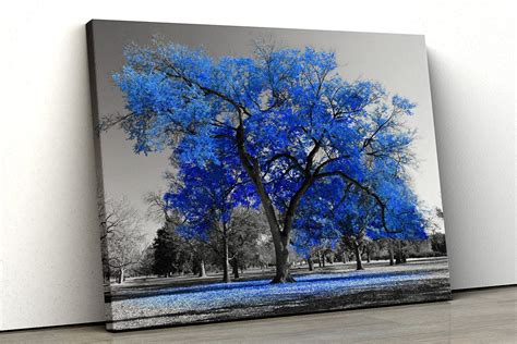 Large Blue Tree Black White Home Decor Nature Framed Canvas Print Wall