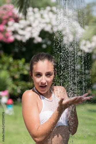 Girl Wear Bikini Standing Under The Outdoor Pool Shower Playful Time C52