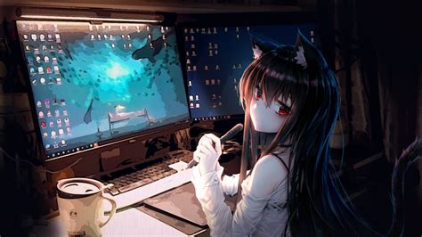 Download 2560x1440 Anime Cat Girl Room Computer Animal Ears Coffee
