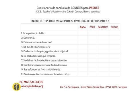 Cuestionario De Conducta De Conners Para Padres Karina Palma Udocz