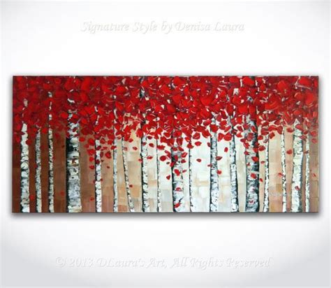 Original Abstract Red Birch Trees Painting Impasto Aspen Landscape Oil