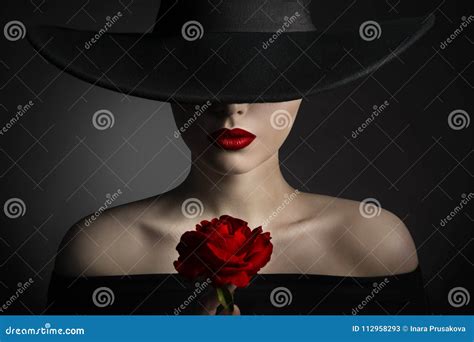 red rose flower woman lips and black hat fashion model beauty stock image image of dark brim