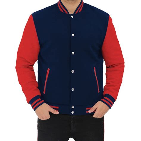 Mens Letterman Wool Navy Blue And Red Baseball Varsity Jacket