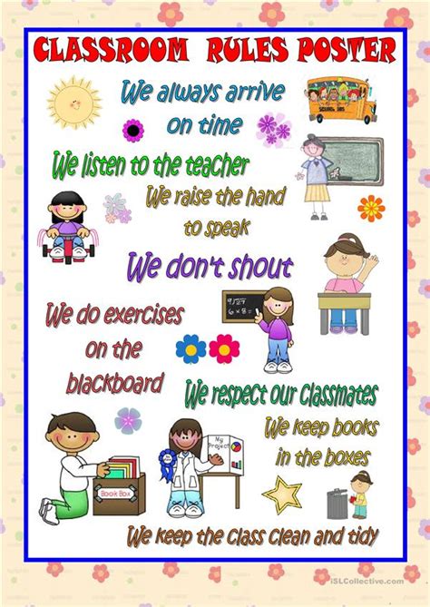 Bright pictures can make the lesson fun. CLASSROOM RULES POSTER worksheet - Free ESL printable ...