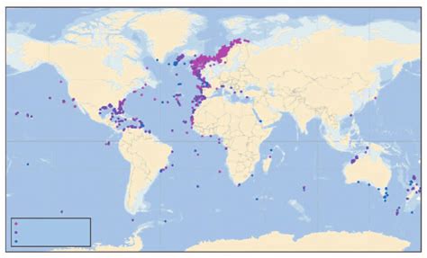 Global Distribution Of Cold Water Coral Reefs Points On The Map