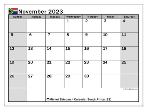 November 2023 Printable Calendar “south Africa Ss” Michel Zbinden Za