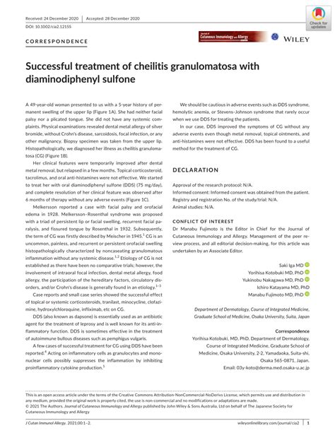 Pdf Successful Treatment Of Cheilitis Granulomatosa With Diaminodiphenyl Sulfone