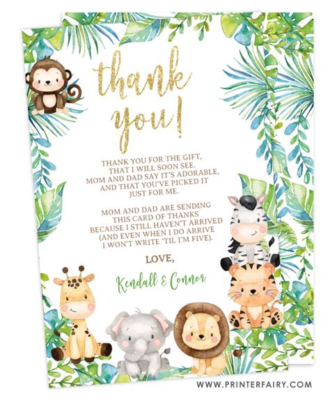 Safari Baby Shower Thank You Cards Printerfairy
