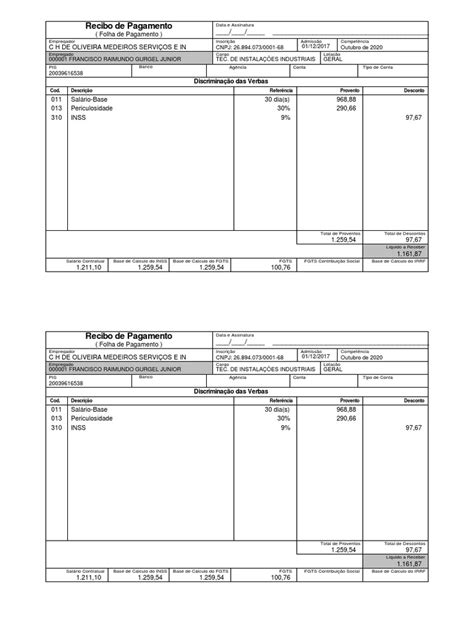 Recibo De Pagamento Com Detalhes De Salário E Descontos Pdf