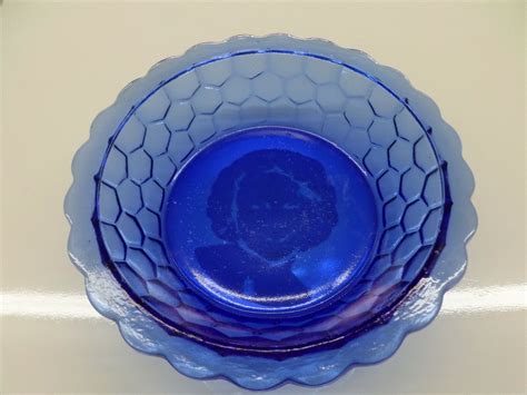Vintage Cobalt Blue Depression Glass Bowl Shirley Temple Etching Hazel